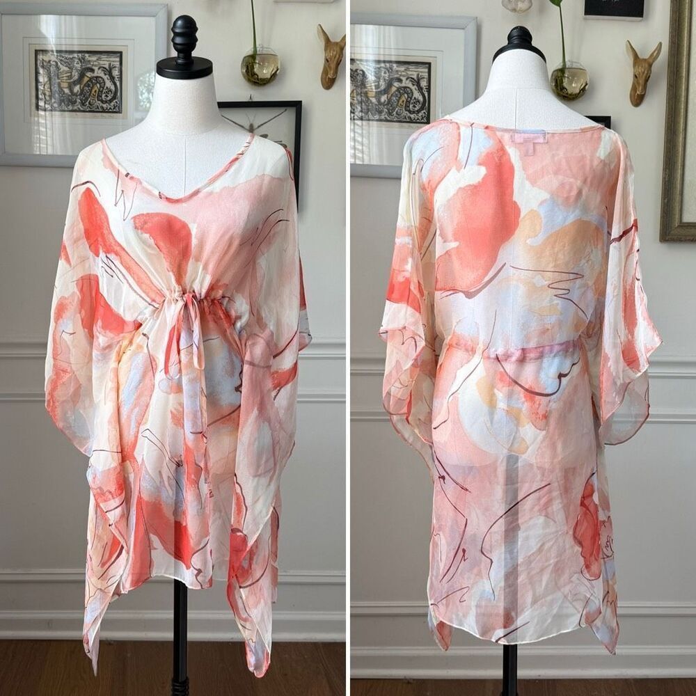 Nordstrom Sheer Abstract Print Chiffon Kaftan Tunic Swim Coverup OSFM
